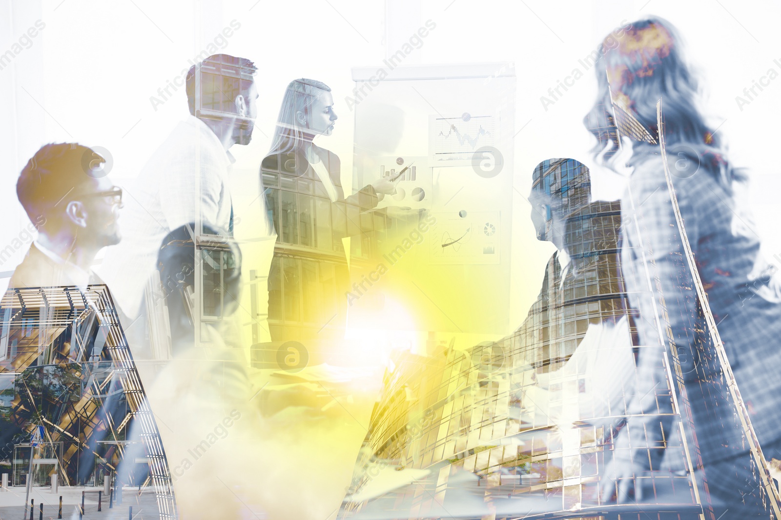 Image of Double exposure of successful business team and cityscape