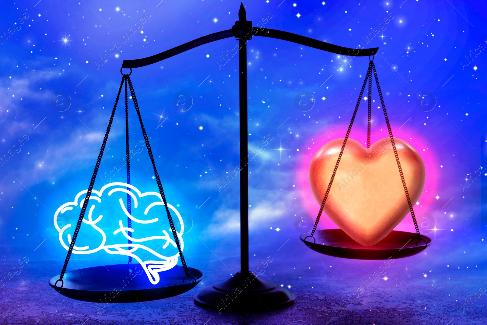 Image of Choosing between logic and emotions. Scales with glowing heart and illustration of brain against starry sky