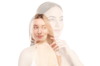 Double exposure of beautiful women on white background