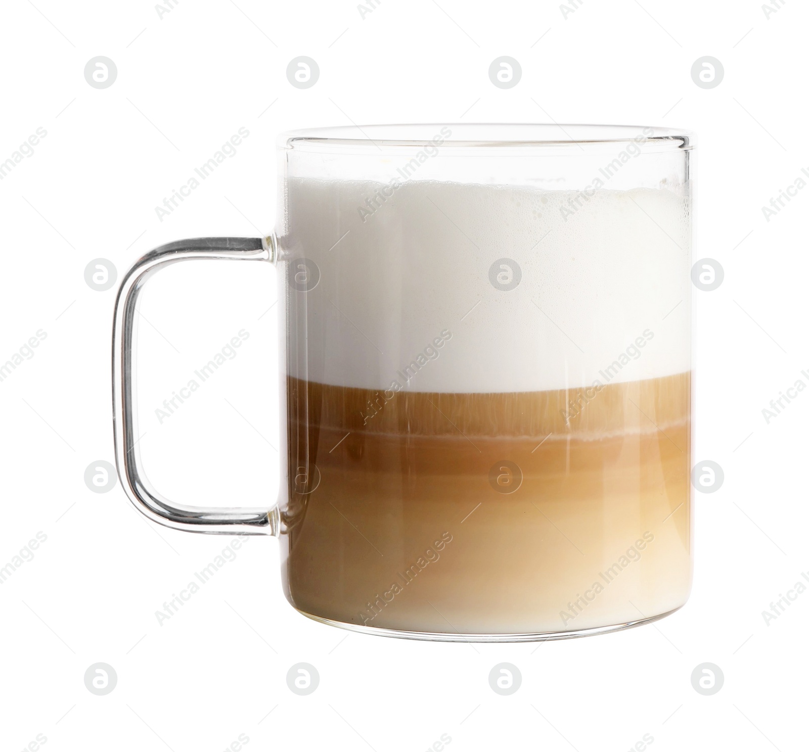 Photo of Aromatic coffee in glass mug isolated on white