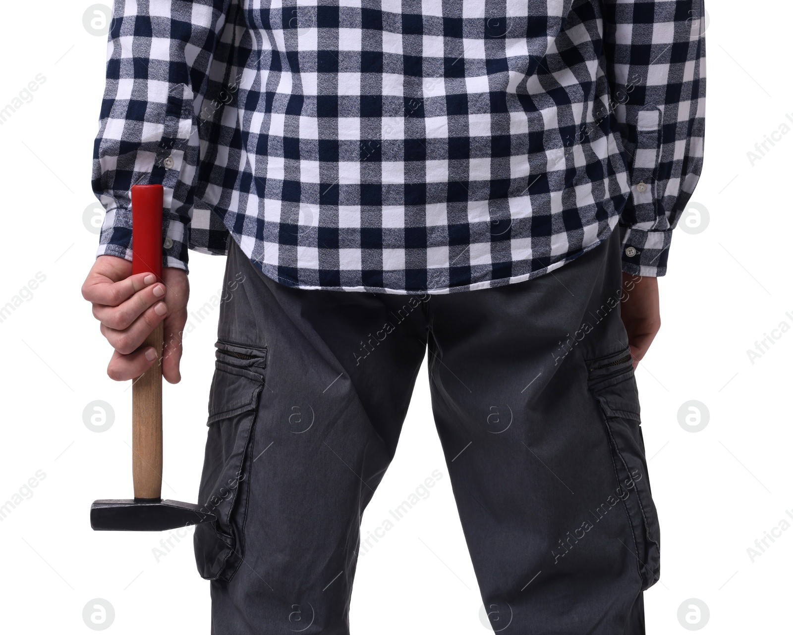 Photo of Young man holding hammer on white background, closeup