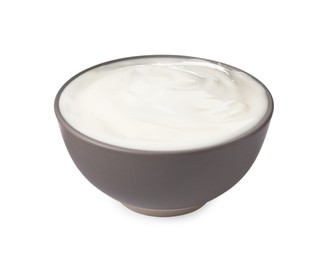 Photo of Ceramic bowl with delicious organic yogurt isolated on white