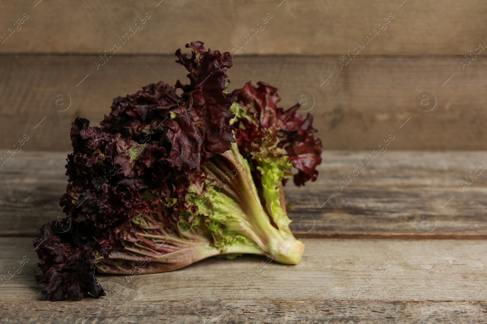 Photo of Fresh red coral lettuce on wooden table. Space for text