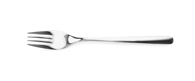 Photo of One shiny silver fork isolated on white, top view