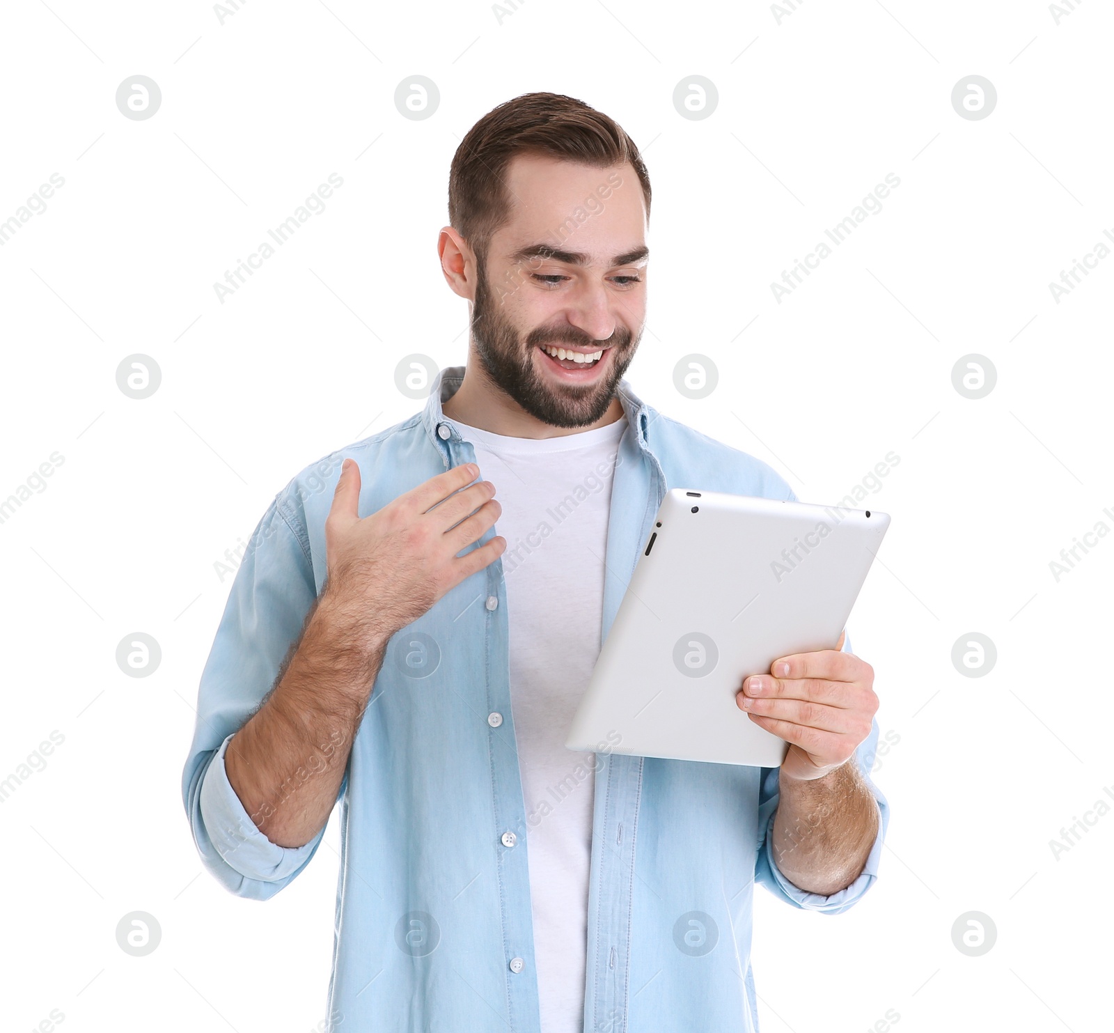 Photo of Man using tablet for video chat isolated on white