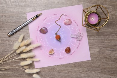 Photo of Astrology prediction. Zodiac wheel, gemstones, pendulum and burning candle on wooden table, flat lay