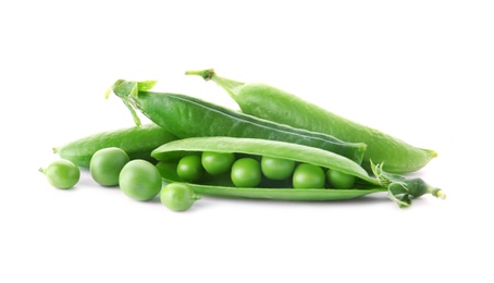 Photo of Delicious fresh green peas on white background