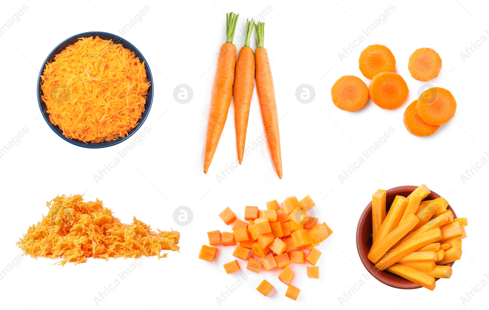 Image of Set with cut fresh carrots on white background