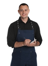 Photo of Portrait of happy young waiter with notebook on white background