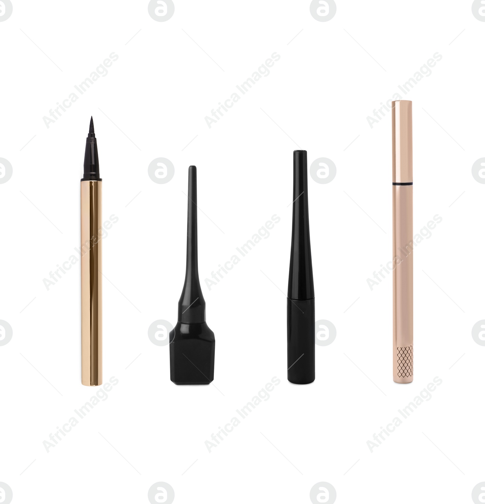 Image of Collage with different eyeliners on white background, top view