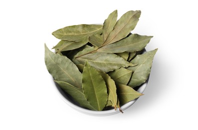 Photo of Aromatic bay leaves in bowl on white background, above view
