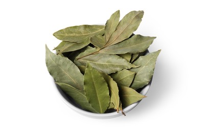 Aromatic bay leaves in bowl on white background, above view