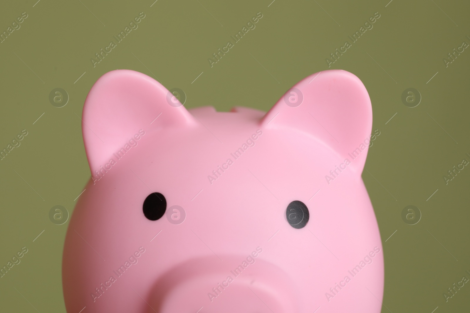 Photo of Pink piggy bank on olive background, closeup