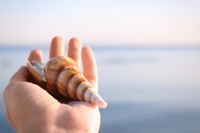 Woman holding beautiful shell on beach near sea, closeup. Space for text