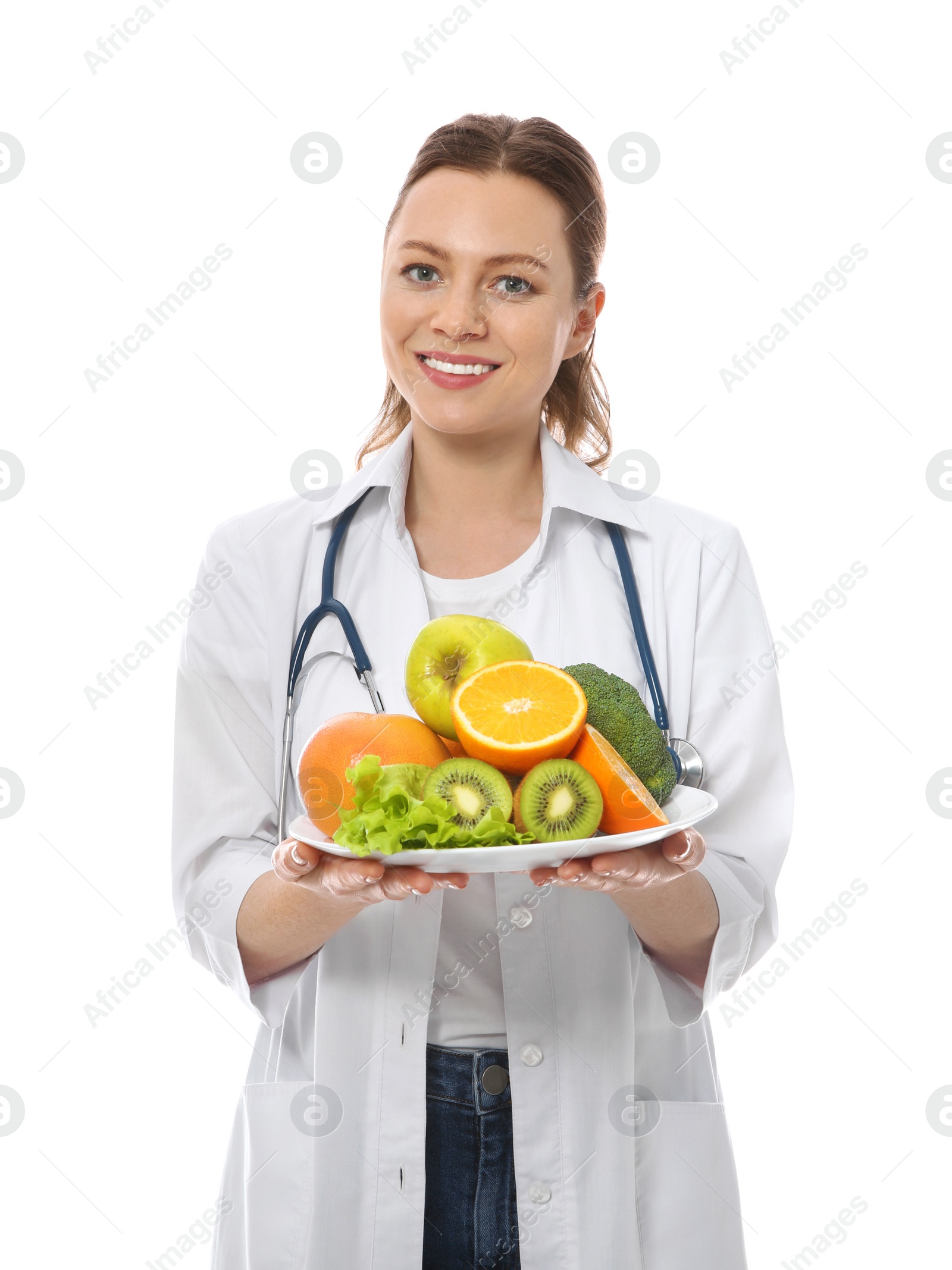 Photo of Nutritionist with fruits and vegetables on white background