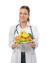 Photo of Nutritionist with fruits and vegetables on white background