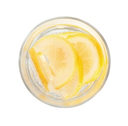 Photo of Soda water with lemon slices isolated on white, top view