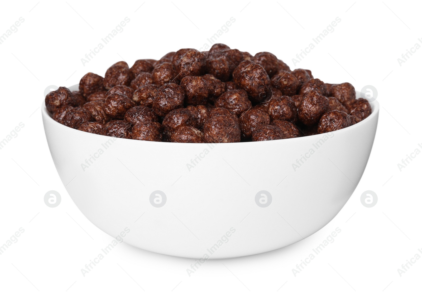 Photo of Chocolate cereal balls in bowl isolated on white