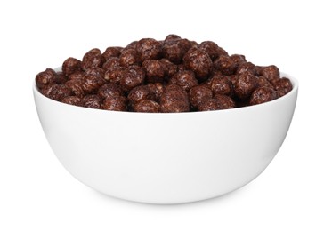 Photo of Chocolate cereal balls in bowl isolated on white