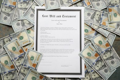 Photo of Last Will and Testament with dollar bills on rustic wooden table, top view