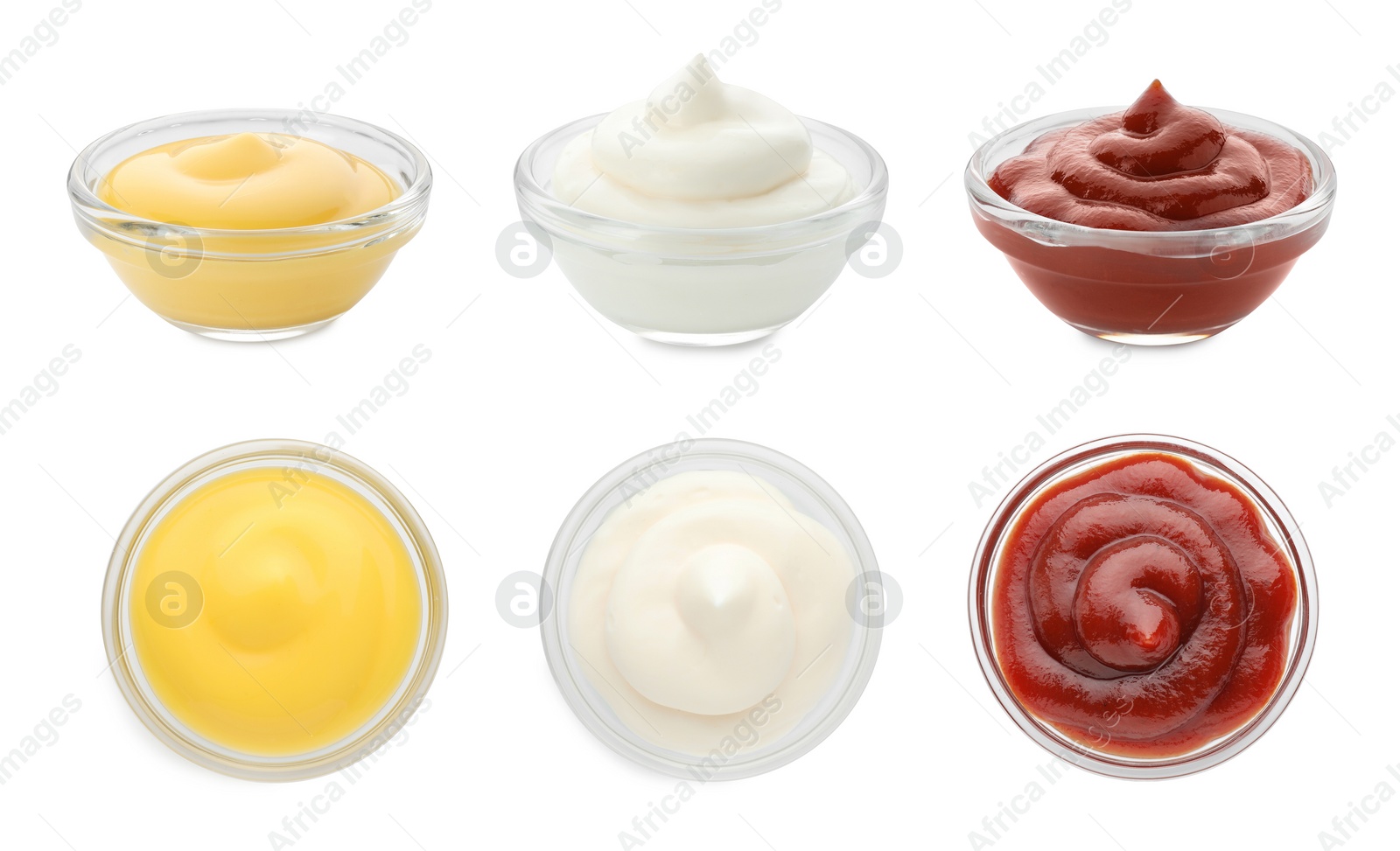 Image of Set of different sauces in bowls isolated on white, top and side views