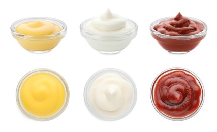 Set of different sauces in bowls isolated on white, top and side views