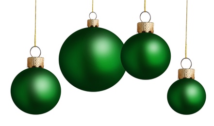 Image of Set of green Christmas balls on white background