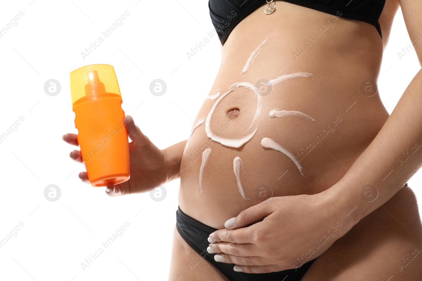 Photo of Pregnant woman with sun protection cream on white background, closeup