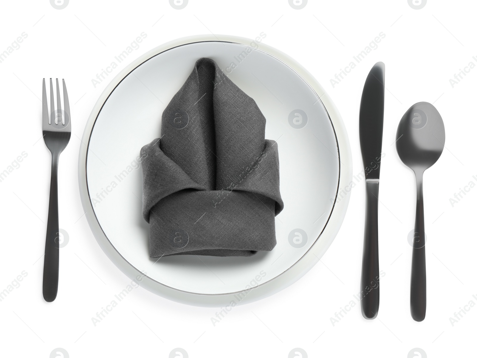 Photo of Beautiful table setting with dark grey napkin on white background, top view