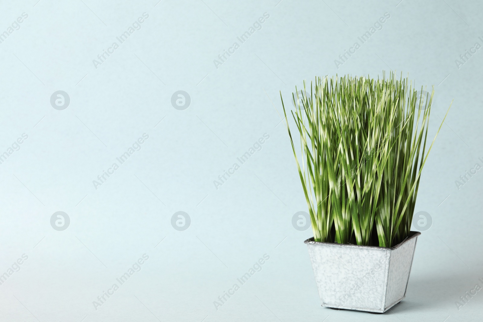 Photo of Beautiful artificial plant in flower pot on grey background, space for text