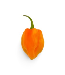 Photo of Fresh raw hot chili pepper isolated on white, top view