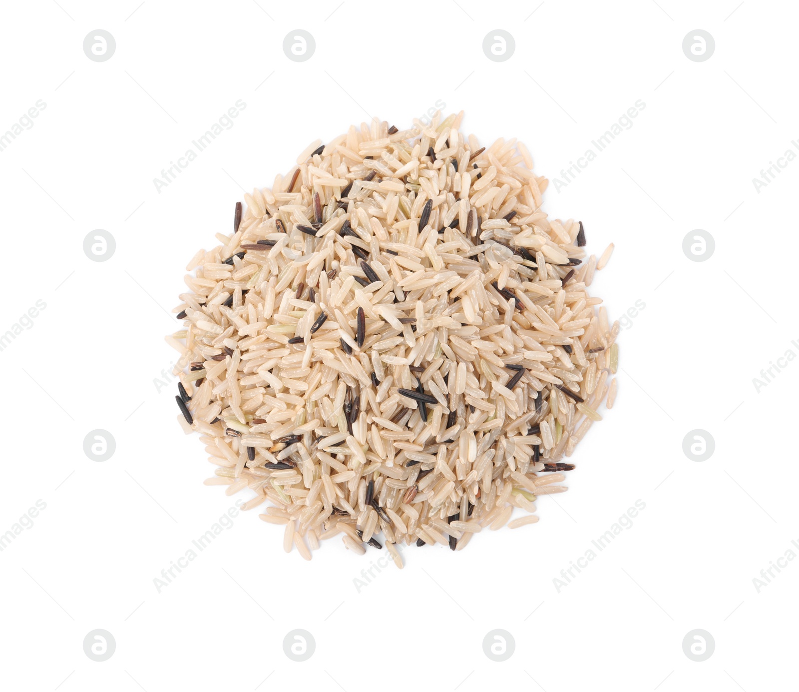 Photo of Pile of raw unpolished rice isolated on white, top view