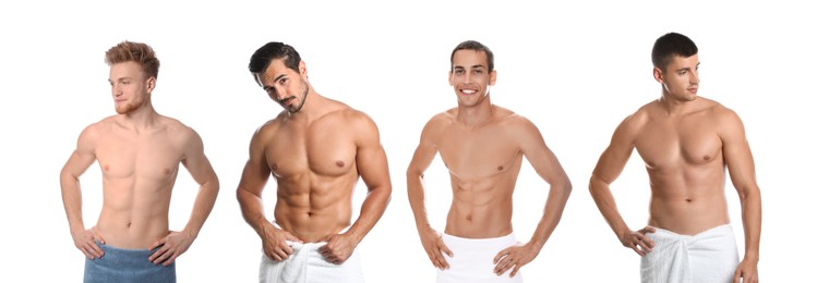 Image of Collage with photos of attractive men with soft towels on white background. Banner design
