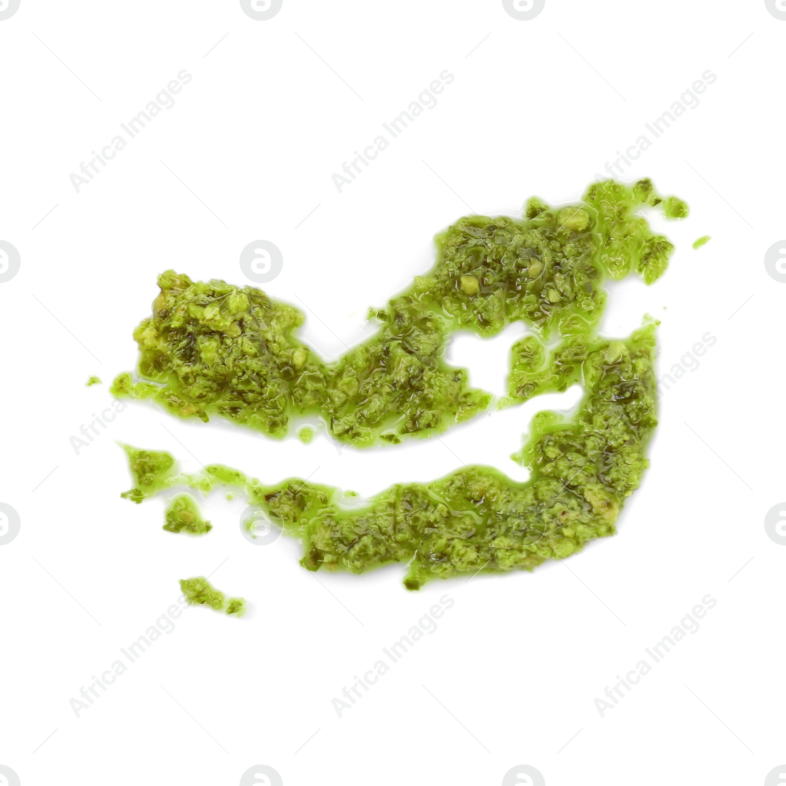 Photo of Delicious pesto sauce isolated on white, top view