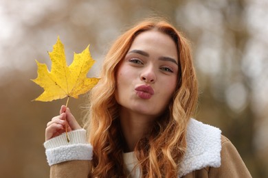 Portrait of cute woman with autumn leaf outdoors