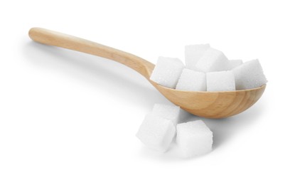 Photo of Many sugar cubes and wooden spoon isolated on white