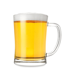 Photo of Glass mug with tasty beer isolated on white