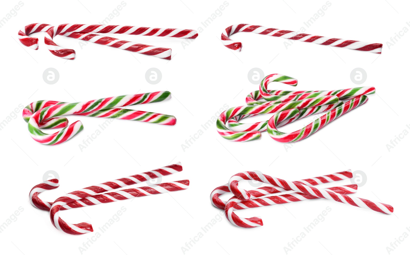 Image of Set with yummy sweet Christmas candy canes on white background 