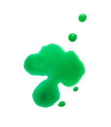 Photo of Blot of green watercolor paint isolated on white, top view