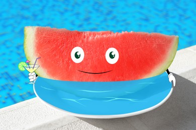 Image of Creative artwork. Cute watermelon chilling with cocktail near swimming pool. Slice of fruit with drawings outdoors