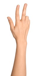 Woman gesturing on white background, closeup of hand