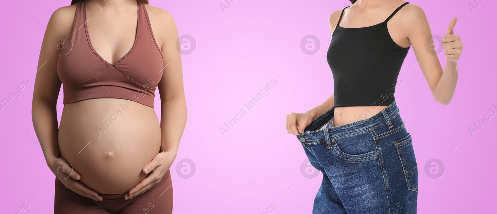 Image of Woman before and after childbirth on pink background, closeup view of belly. Collage