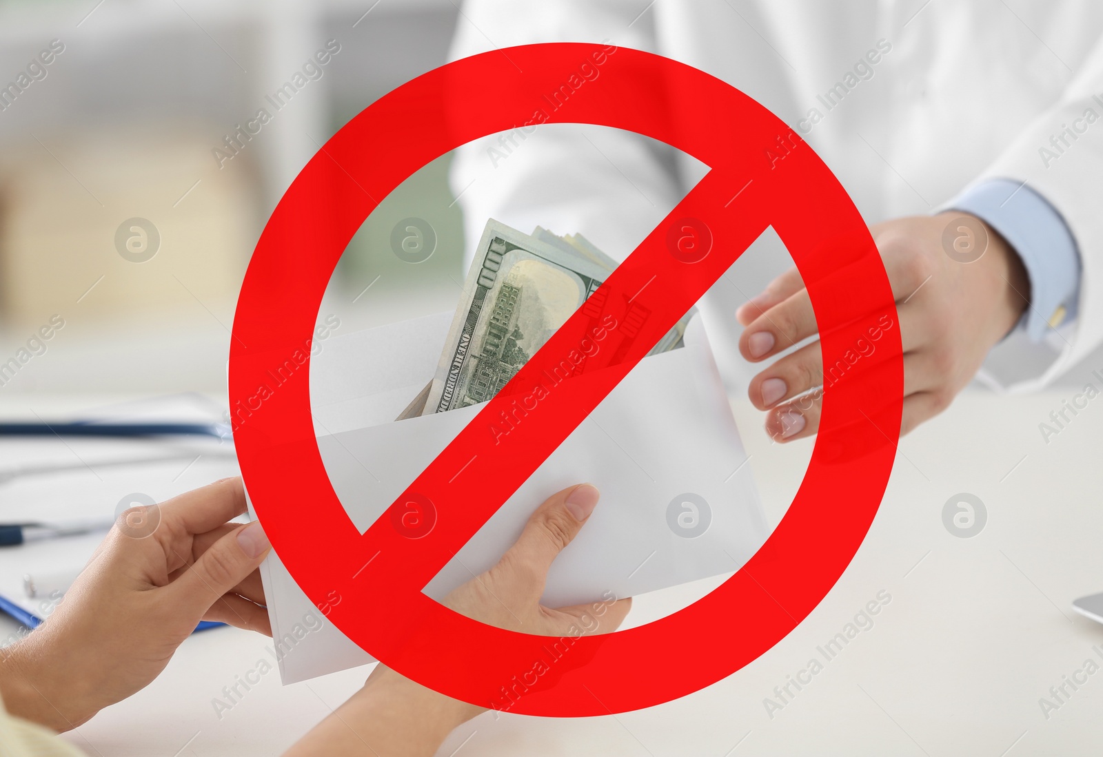 Image of Stop corruption. Illustration of red prohibition sign and patient giving bribe to doctor in clinic, closeup