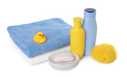 Photo of Baby cosmetic products, bath duck, sponge and towels isolated on white