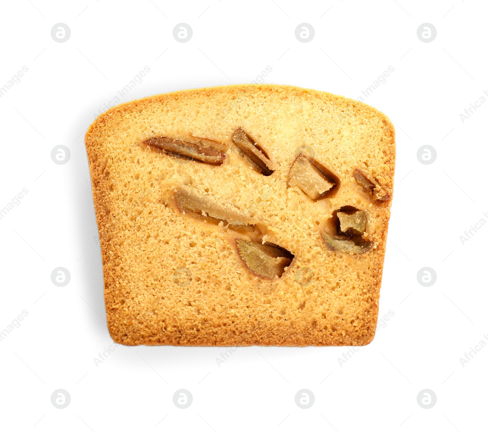 Photo of Slice of tasty pear bread isolated on white, top view. Homemade cake