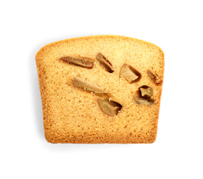 Photo of Slice of tasty pear bread isolated on white, top view. Homemade cake