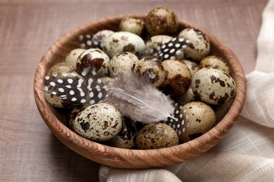 Photo of Speckled quail eggs and feathers on wooden table