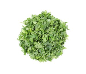 Photo of Heap of chopped parsley leaves isolated on white, top view