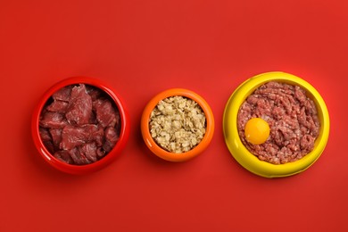 Photo of Feeding bowls with natural pet food on red background, flat lay