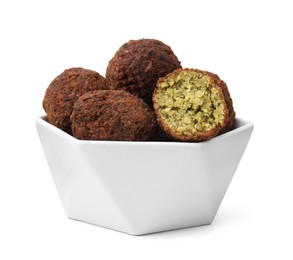 Photo of Delicious falafel balls in bowl isolated on white